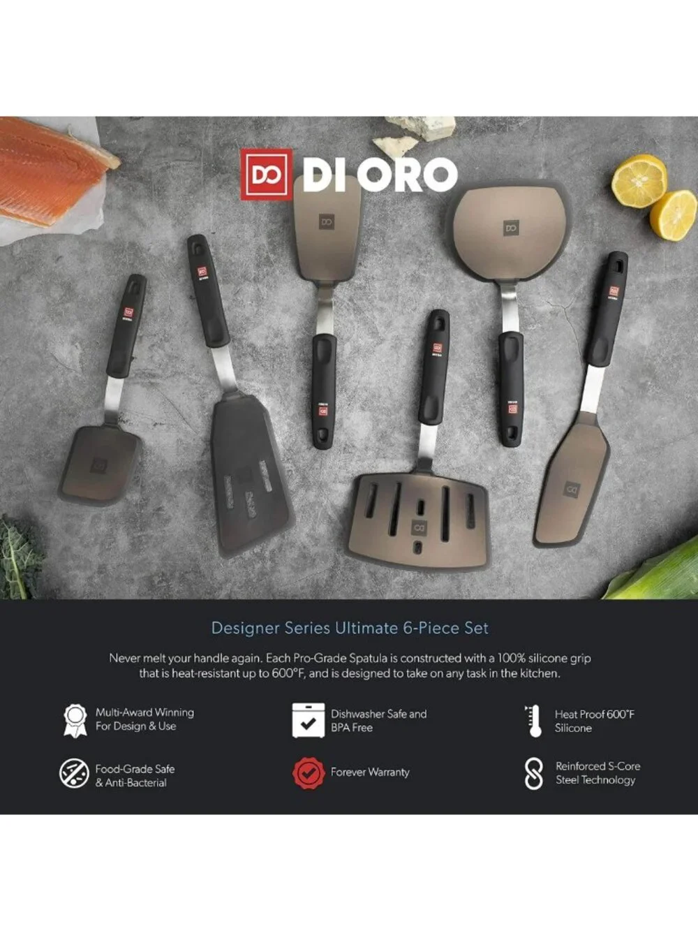 Heat Resistant Silicone Turner Spatula Set - 6-Pc Kitchen Utensils, Black